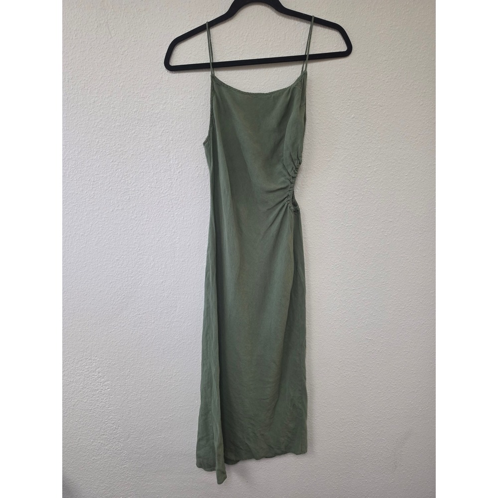 Linen Blend Ruched Side Cutout Midi Dress Olive Green Sleeveless Scoop Neck